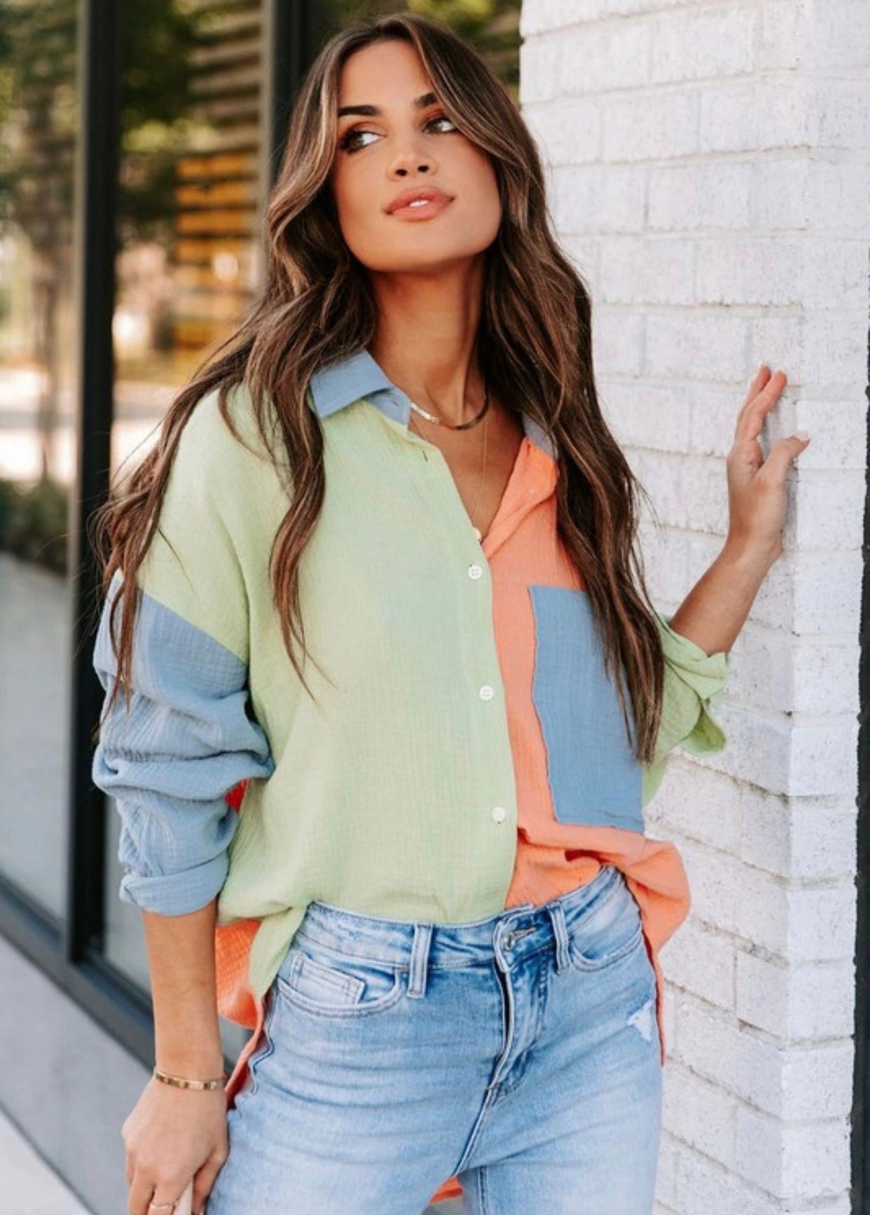 Perfect Match Button Up Top - Orange/Green