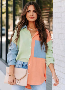 Perfect Match Button Up Top - Orange/Green